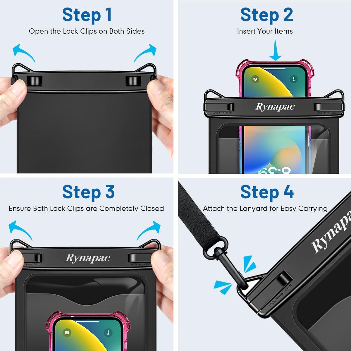 Rynapac Large Waterproof Phone Pouch [Up to 10"] - 2 Pack IPX8 Waterproof Phone Case for iPhone 17 16 15 Pro Max Galaxy S26 Ultra, Touchscreen & Underwater Photography, Beach Cruise Essentials 2026