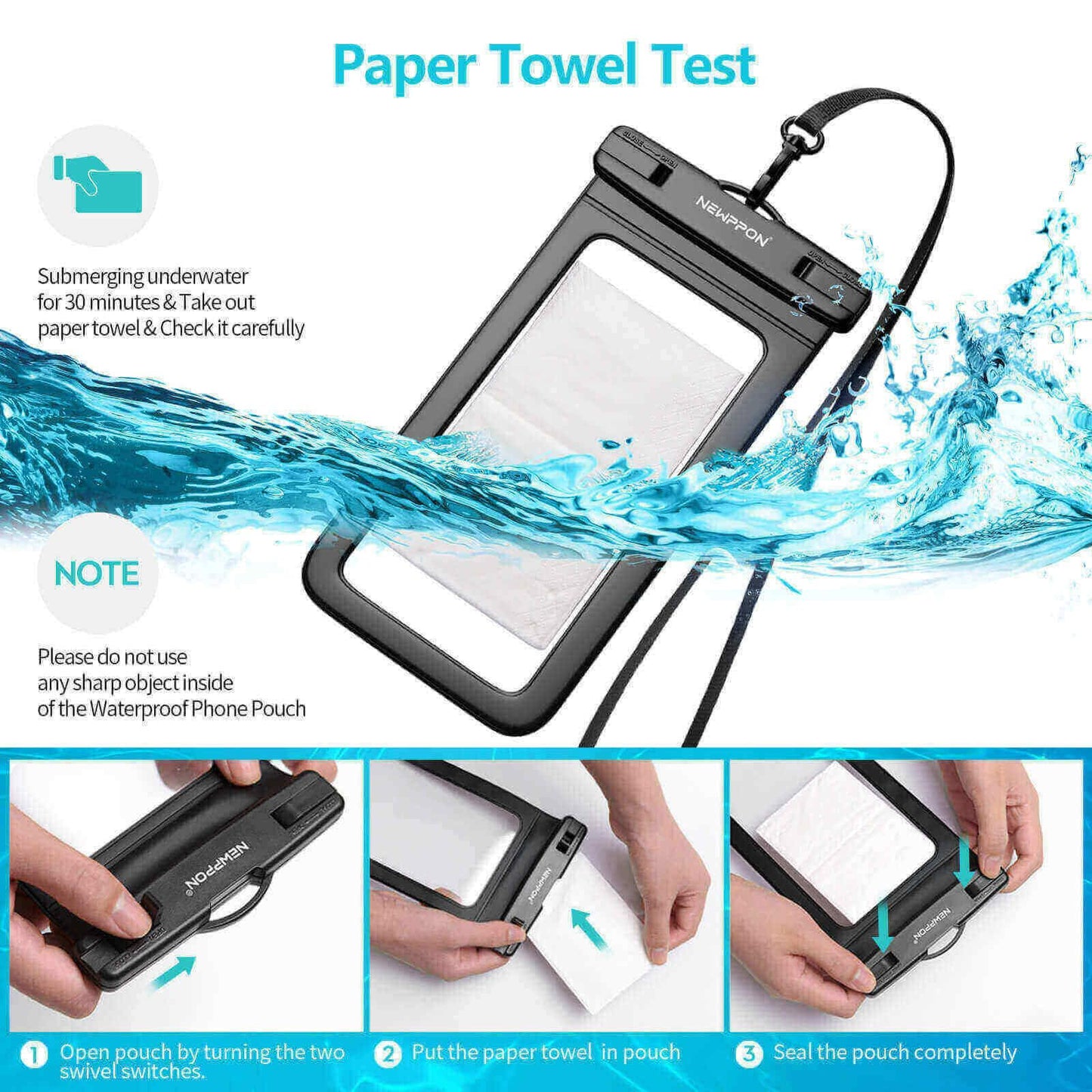 Newppon 4 Pack 8.5“ Waterproof Cell Phone Pouch - Underwater Dry Bag Case Lanyard -Water Proof Clear Holder Protector for iPhone 17 16 Pro Max Plus Air Samsung Galaxy S25 Ultra Note for Beach Swimming