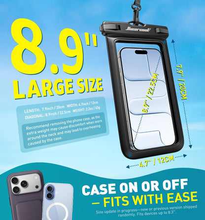 Hiearcool Waterproof Phone Pouch, IPX8 Waterproof Phone Case for iPhone 17/16/15/14 Pro Max, Cell Phone Dry Bag for Beach & Cruise Essentials, Touch Screen, Lanyard Included, 2 Pack (Fits Up to 8.9”)