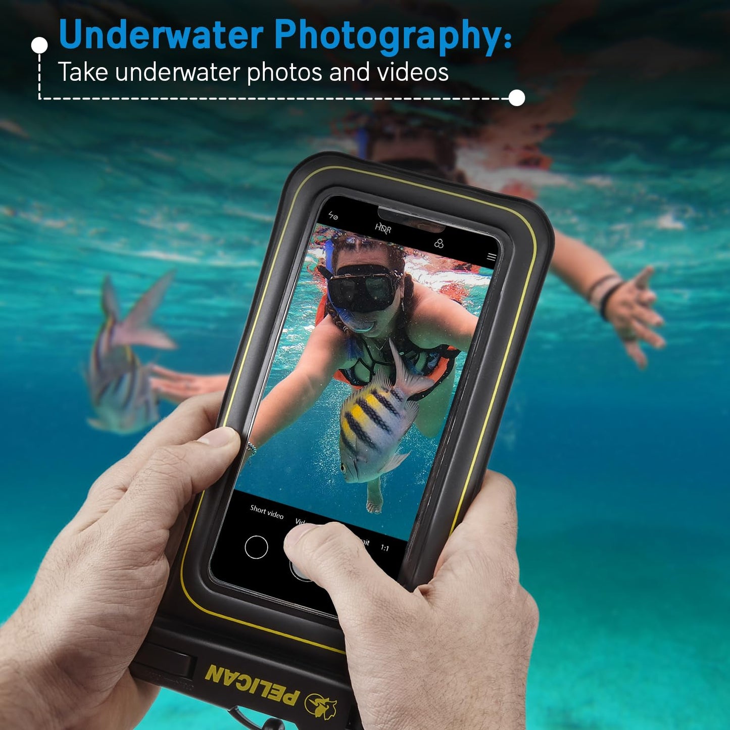 Pelican 2 Pack Marine - IP68 Waterproof Phone Pouch (Regular Size) Floating Waterproof Phone Case - Beach Cruise Ship Travel Essentials - Works w/All Phones - Detachable Lanyard - Black/Hi-Vis Yellow