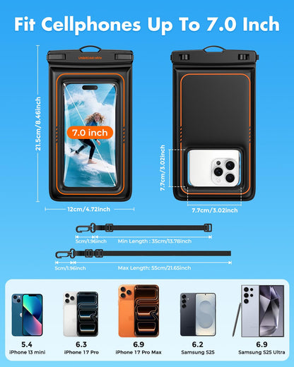 UNBREAKcable Floating Waterproof Phone Pouch 2 Pack, IPX8 Waterproof Phone Case Dry Bag Kayak/Beach/Cruise Travel Essentials, Water Proof Pouch for iPhone 17 16 15 Pro Max, Samsung S25 Ultra S24-7"