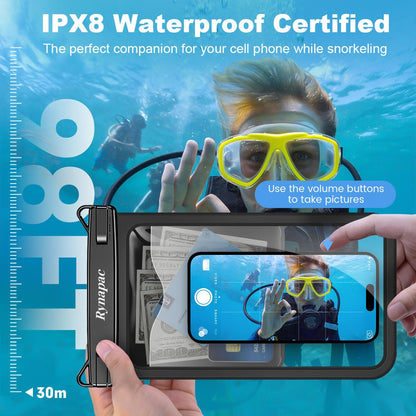Rynapac Large Waterproof Phone Pouch [Up to 10"] - 2 Pack IPX8 Waterproof Phone Case for iPhone 17 16 15 Pro Max Galaxy S26 Ultra, Touchscreen & Underwater Photography, Beach Cruise Essentials 2026
