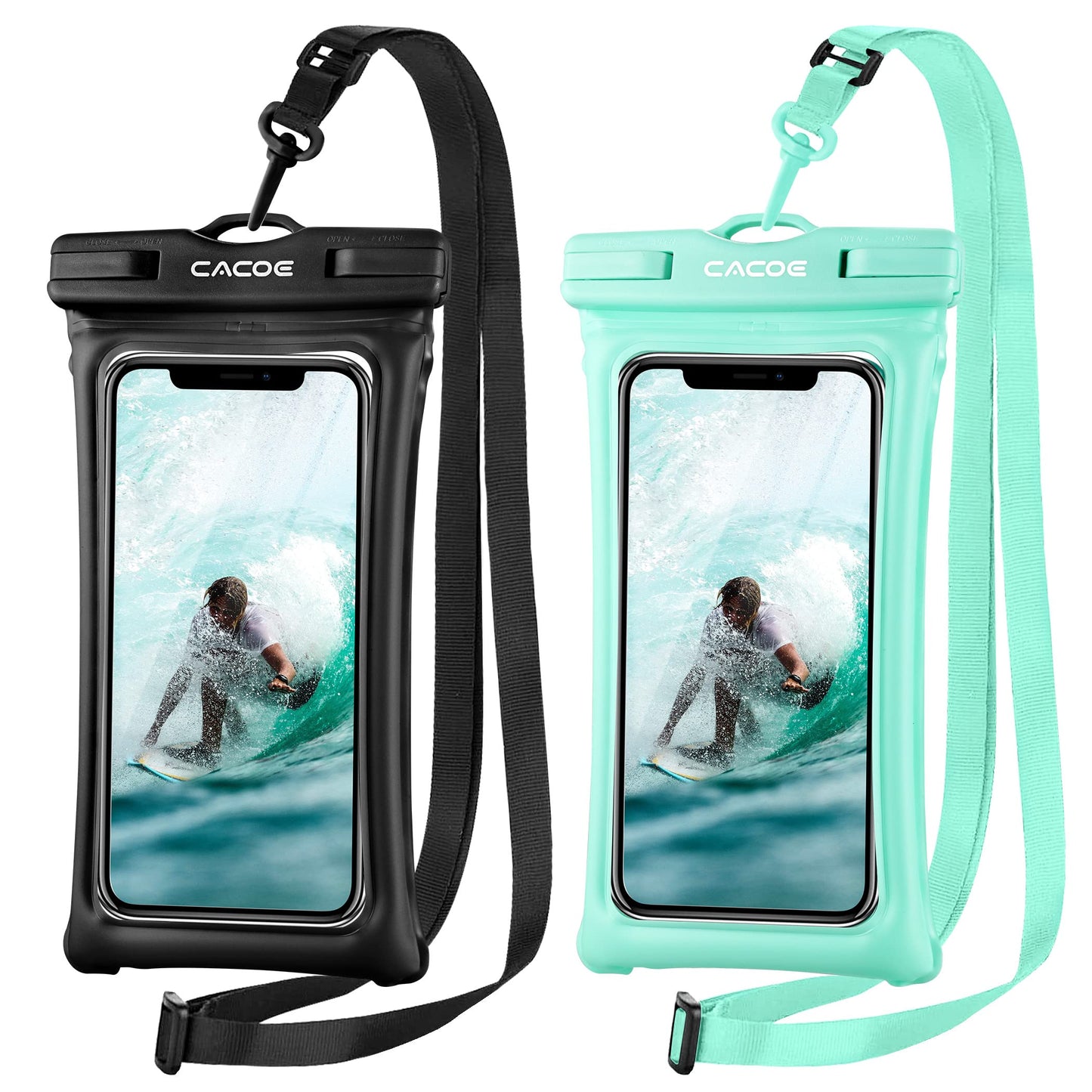 CACOE [Floatable] Floating Universal IPX8 Waterproof Phone Case 2 Pack-Up to 7.0",Adjustable Lanyard Phone Pouch,Cellphone Dry Bags for Vacation Beach Pool Kayak Cruise Travel Essentials（Black+Green）