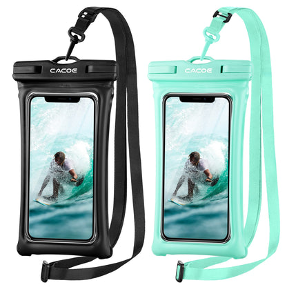 CACOE [Floatable] Floating Universal IPX8 Waterproof Phone Case 2 Pack-Up to 7.0",Adjustable Lanyard Phone Pouch,Cellphone Dry Bags for Vacation Beach Pool Kayak Cruise Travel Essentials（Black+Green）