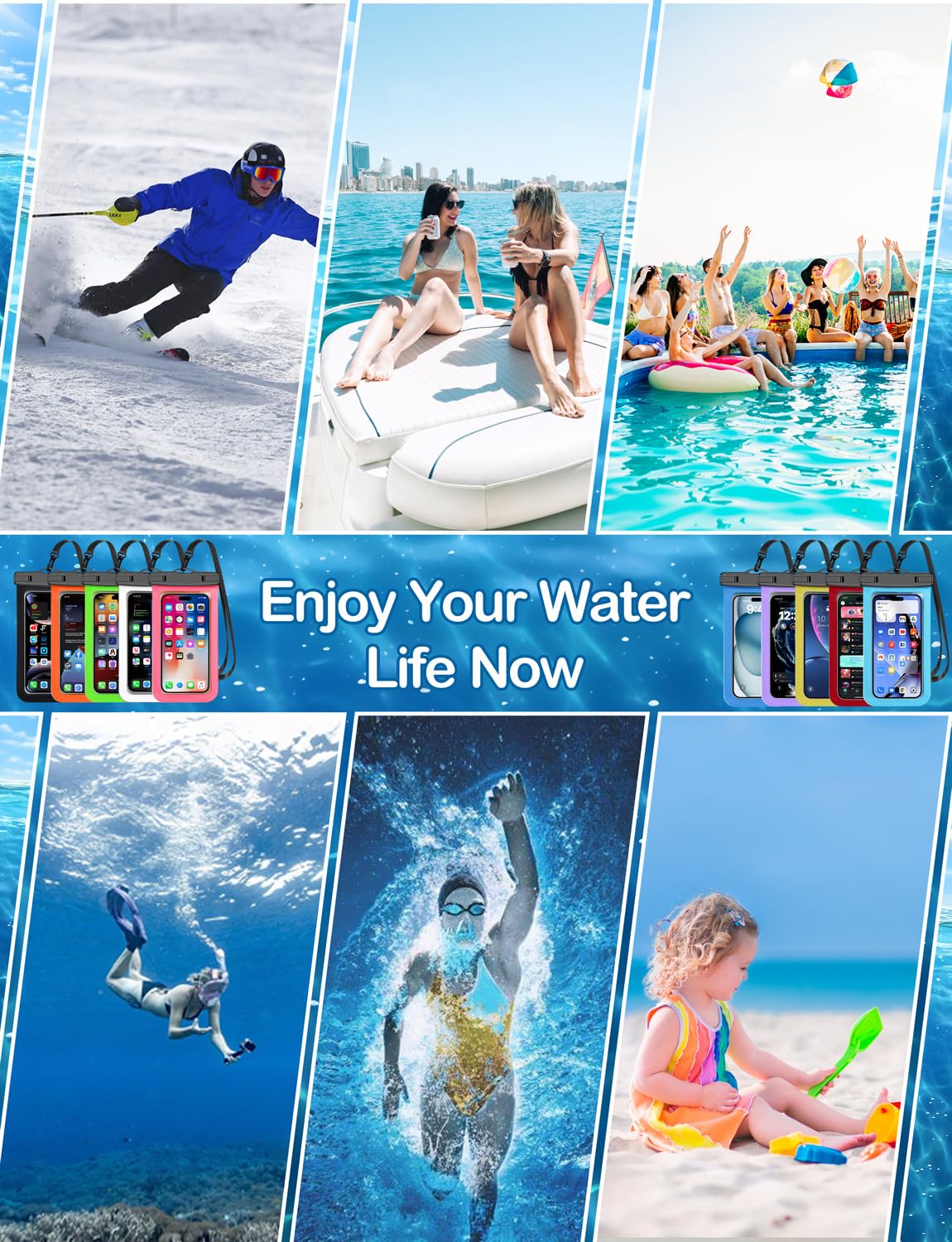 Waterproof Phone Pouch,2 Pack Black White Phone Waterproof Case,Cell Phone Dry Bag,Protection Level: IP68,Beach Cruise for Apple iPhone,Samsung,and More,Lanyard Included,(Fits Up to 8.3”),Black,White